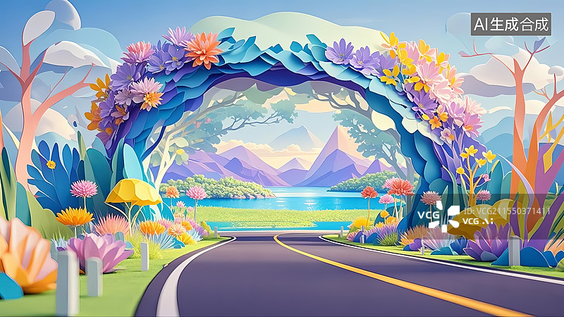 【AI数字艺术】3D剪纸艺术风格田园风光与空白的汽车公路背景图片素材