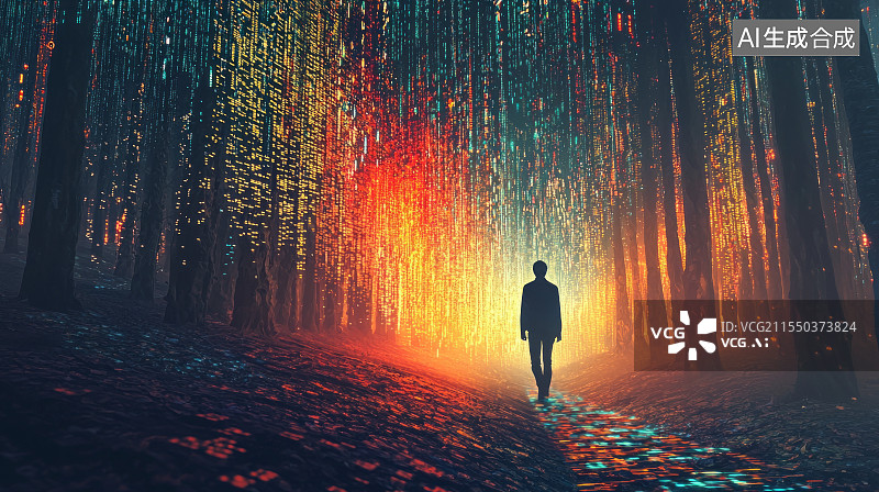 【AI数字艺术】超现实的数字时间森林里一个孤独的人图片素材