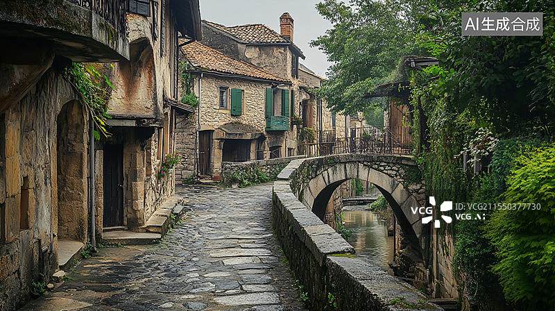 【AI数字艺术】水巷拱桥图片素材