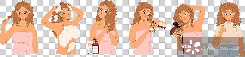 可爱女孩一步一步地打理卷发图片素材