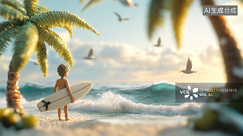 【AI数字艺术】卡通风格站在沙滩上的冲浪少年插画图片素材