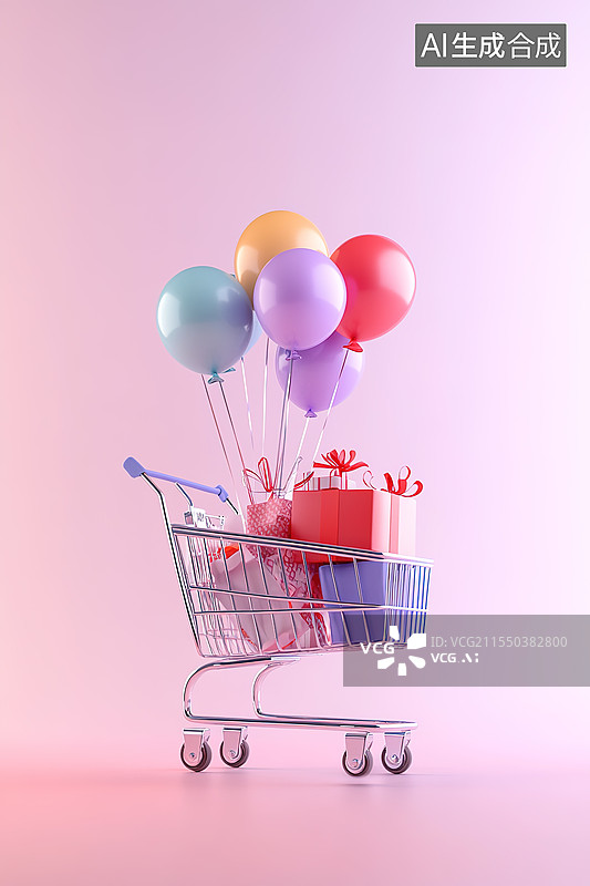 【AI数字艺术】3D粉色背景下的购物车里的礼物和气球图片素材