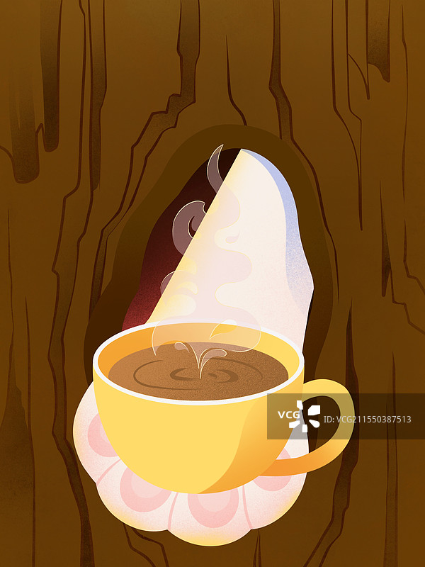 卡通树洞猫咪小手递上咖啡饮料插画图片素材