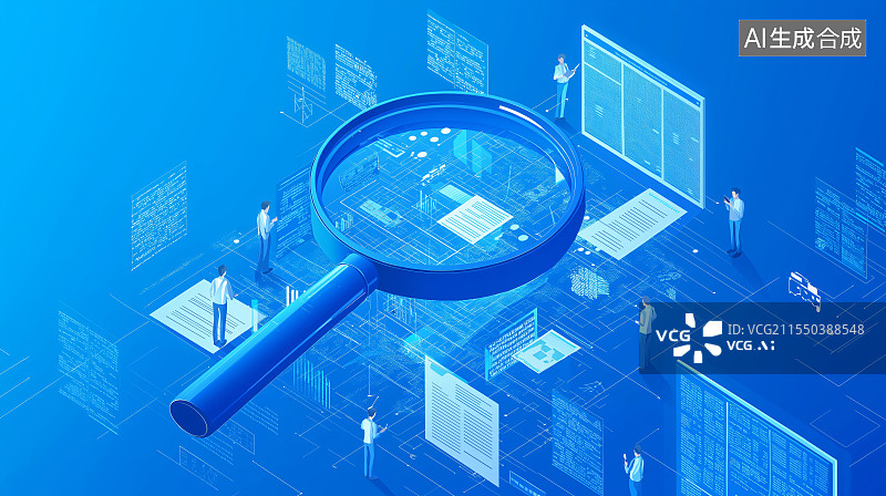 【AI数字艺术】数字艺术风格插画，三个人围绕放大镜探索数据，满含科技感，展现 AI 时代信息洞察与创新图片素材
