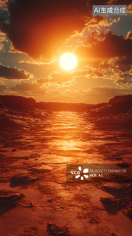 【AI数字艺术】夕阳下的荒芜大地与绚烂天空图片素材