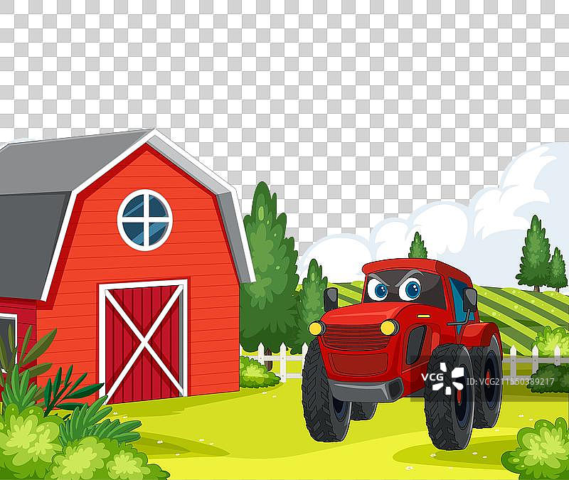 卡通拖拉机在红色谷仓前图片素材