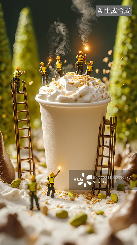 【AI数字艺术】微缩工人忙碌于巨大奶茶饮品旁图片素材