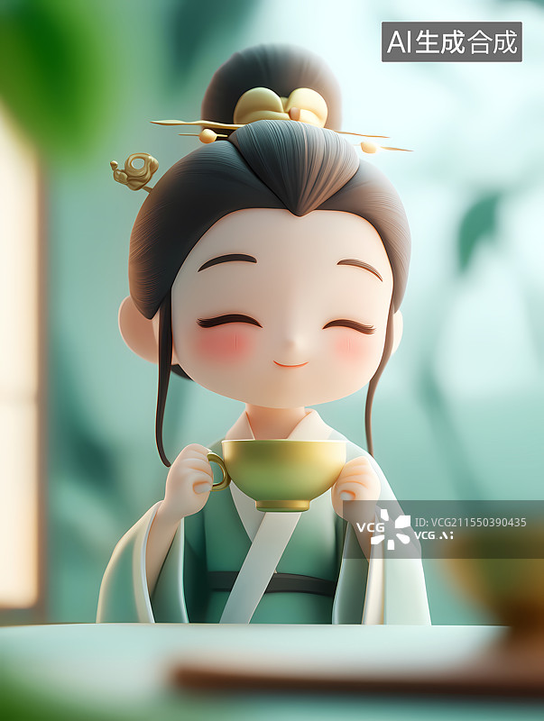 【AI数字艺术】古风少女惬意捧杯品茶图片素材