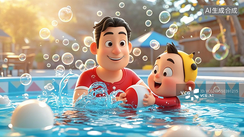 【AI数字艺术】爸爸陪孩子泳池玩耍图片素材
