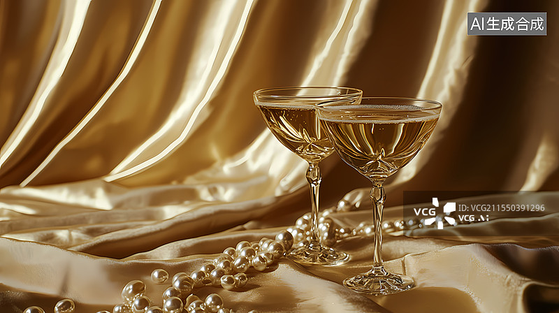 【AI数字艺术】绸缎上的两杯香槟与珍珠图片素材