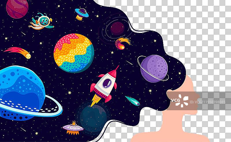 拥有银河空间发型背景的女性或概念图片素材
