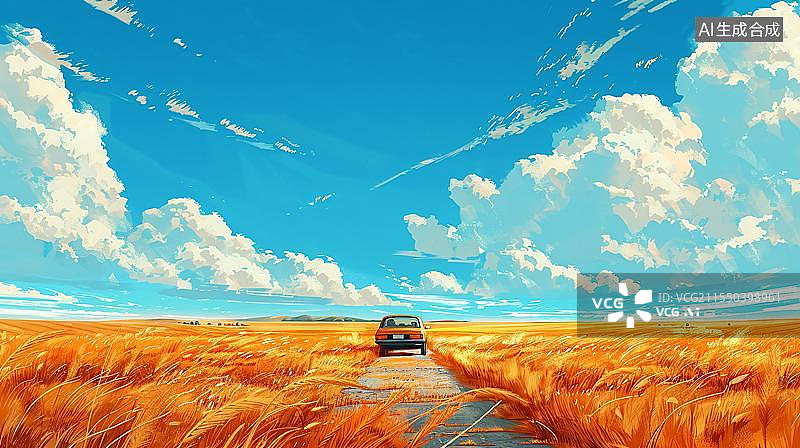 【AI数字艺术】金秋十月 金黄稻田旁的小路风景插画 秋天的稻田 一辆汽车驶过 蓝天白云插画图片素材