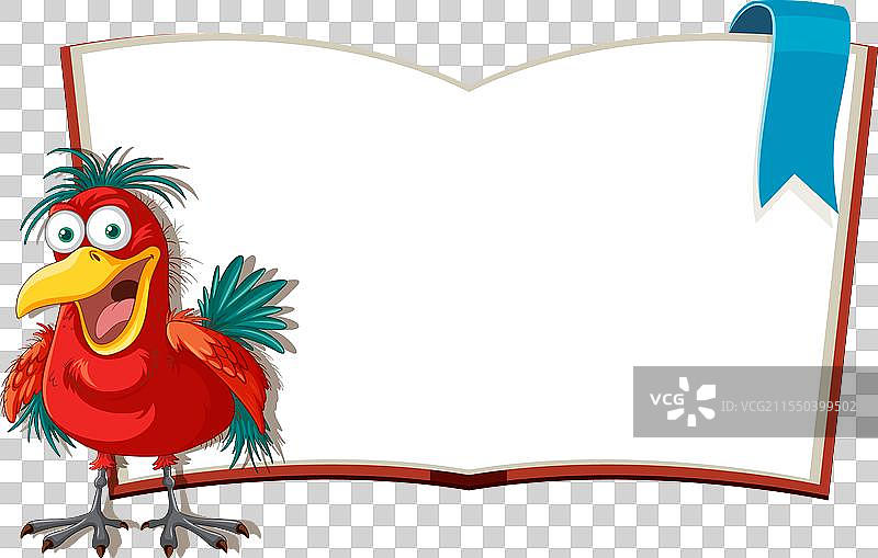 一只色彩斑斓的鹦鹉展示一本空白的故事书图片素材