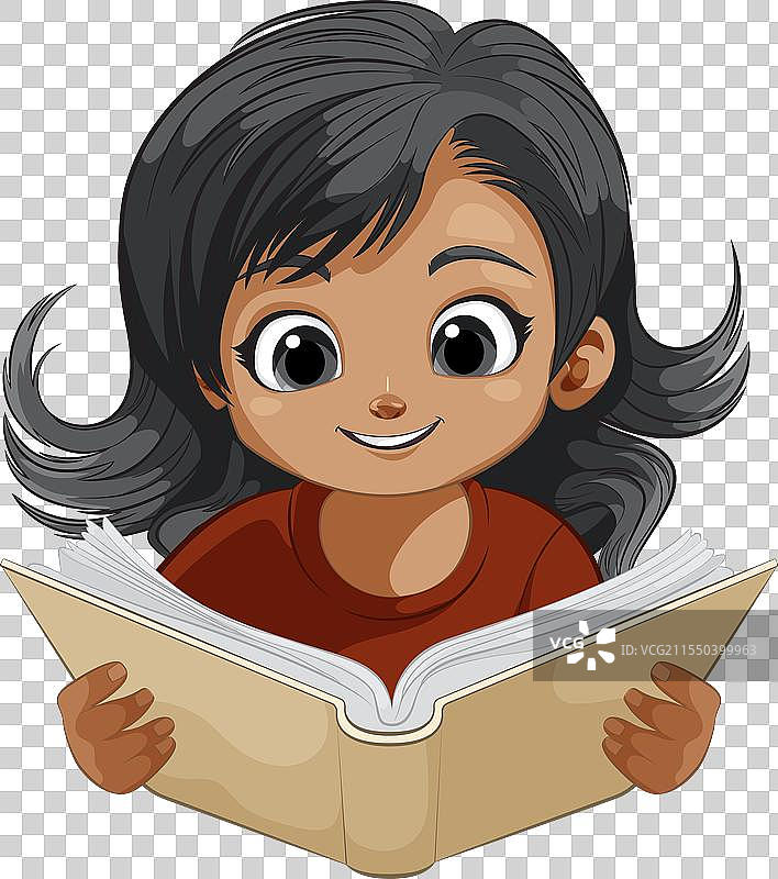 一个充满兴趣的动画女孩在阅读一本书图片素材