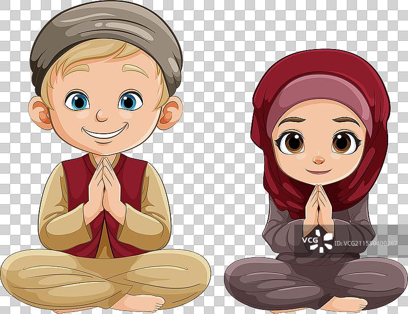 两个穿着传统服装的卡通孩子在打招呼图片素材