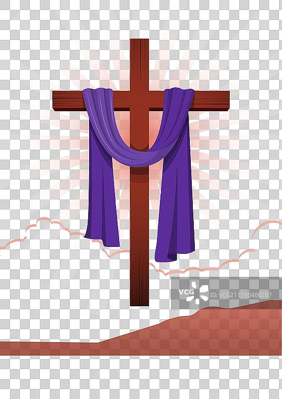 带紫色丝带的木十字架，背景是云朵图片素材