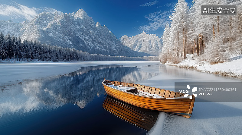 【AI数字艺术】冬日雪山湖泊木船图片素材