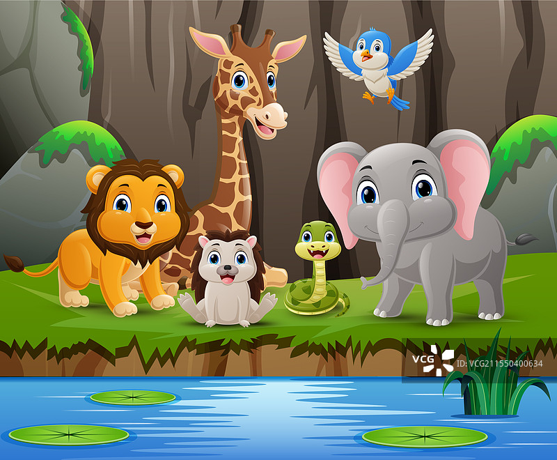 可爱的野生动物卡通在丛林中图片素材