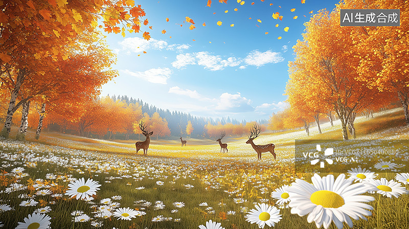 【AI数字艺术】秋日鹿群与雏菊花田图片素材