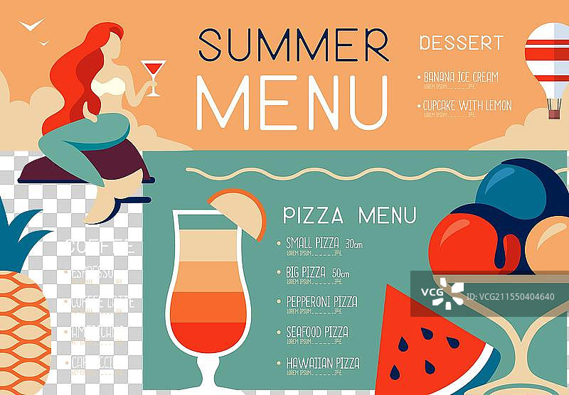 复古夏季餐厅菜单设计与美人鱼图片素材