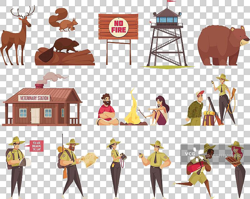 森林护林员卡通图标集图片素材