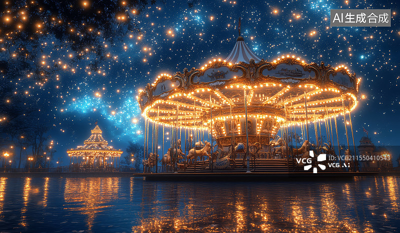 【AI数字艺术】夜晚灯光璀璨的旋转木马图片素材