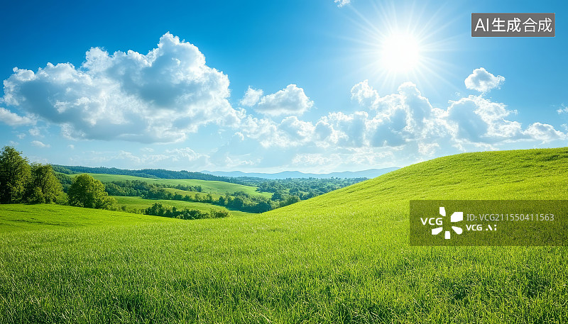 【AI数字艺术】蓝天白云下的绿色草原图片素材