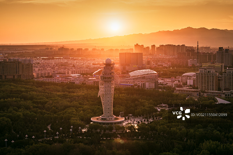 甘肃嘉峪关市东湖西部明珠气象塔城市航拍风光图片素材