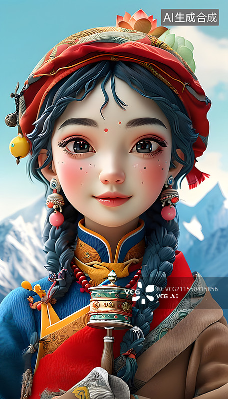 【AI数字艺术】门巴族-中国少数民族少女可爱治愈系Q版插画图片素材