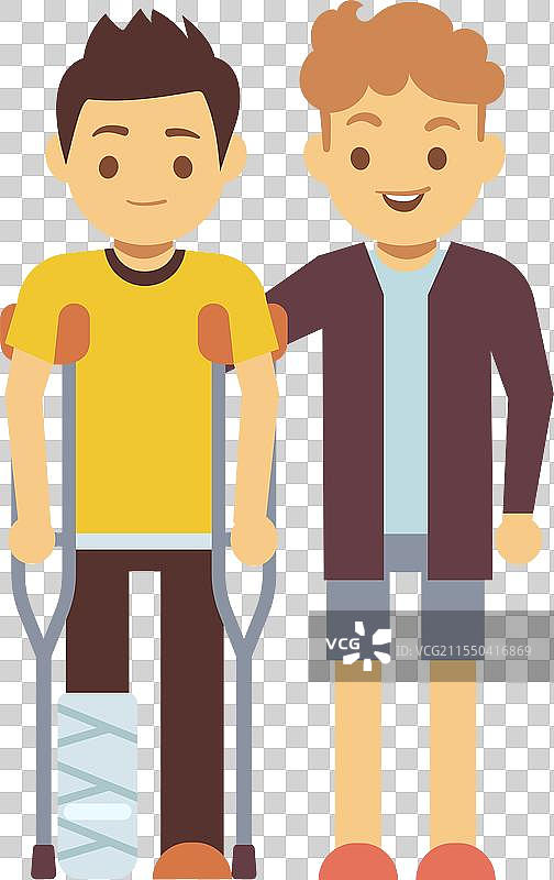 一个男孩帮助一位拄着拐杖的受伤朋友图片素材