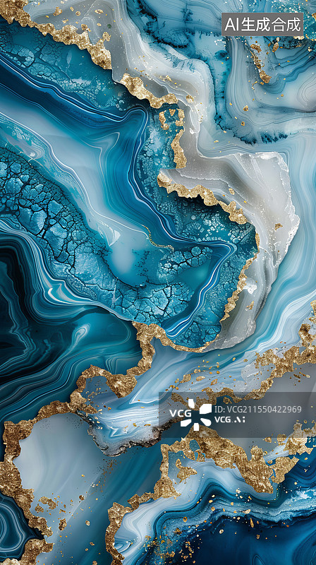 【AI数字艺术】蓝色与金色的梦幻流体图片素材