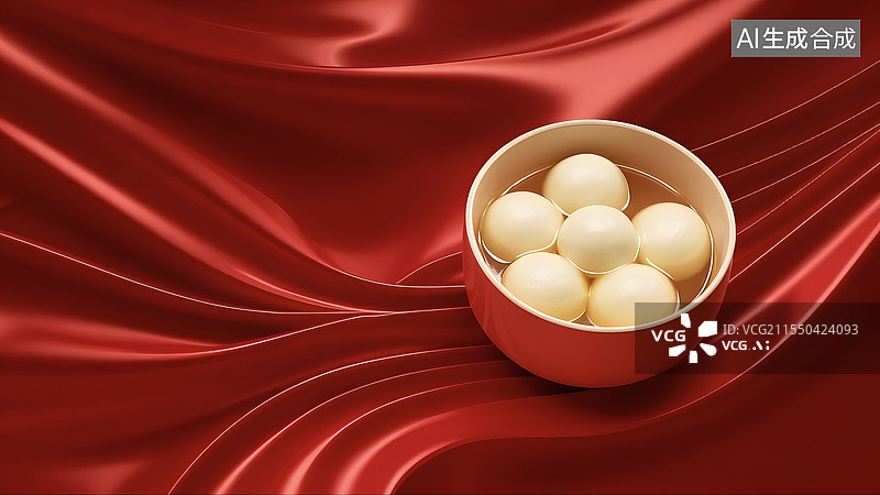 【AI数字艺术】3D元宵节冬至汤圆红色丝绸主题背景居右图片素材