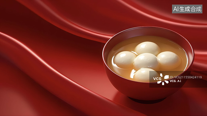 【AI数字艺术】3D元宵节冬至汤圆红色丝绸主题背景居右图片素材