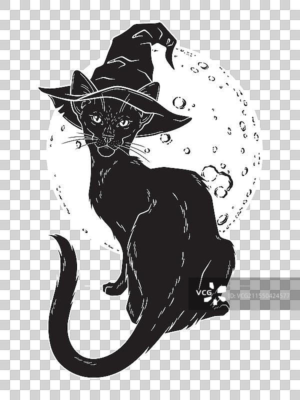 带尖顶女巫帽的黑猫线条艺术与点缀图片素材
