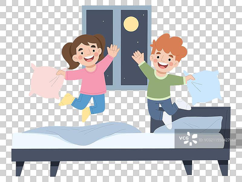 孩子们在夜晚床上玩枕头图片素材