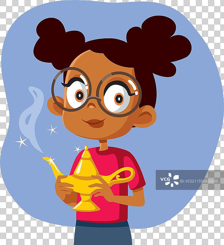 小女孩手持魔法灯的卡通形象图片素材