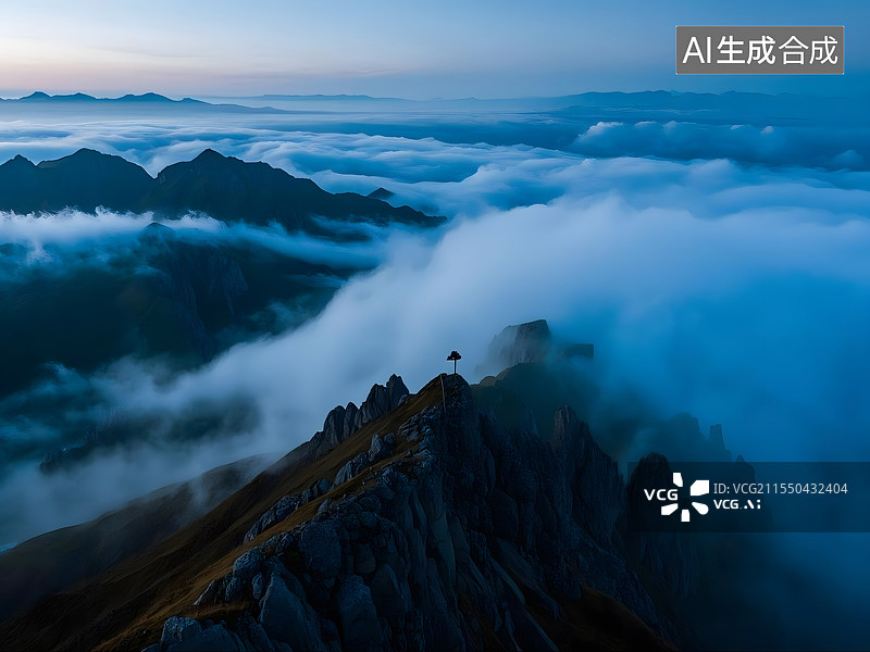 【AI数字艺术】狂风山顶与翻滚云海图片素材