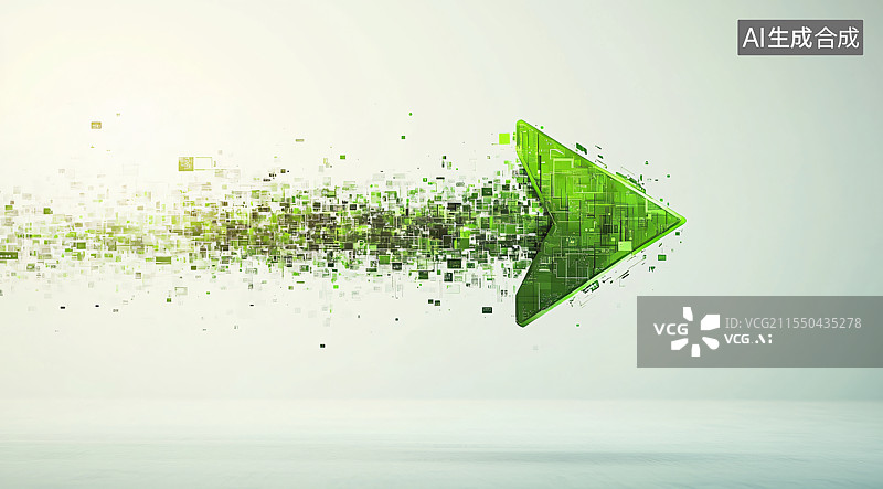 【AI数字艺术】由全息粒子组成的绿色箭头，位于纯色背景上，代表着商业、科技和商业的概念。现代企业世界中进步、创新和数图片素材