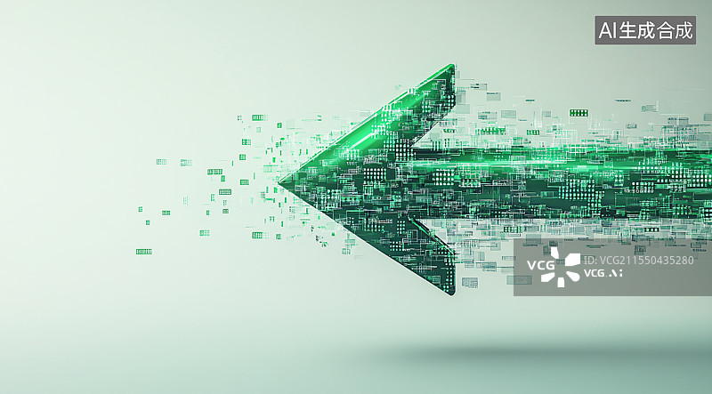 【AI数字艺术】由全息粒子组成的绿色箭头，位于纯色背景上，代表着商业、科技和商业的概念。现代企业世界中进步、创新和数图片素材