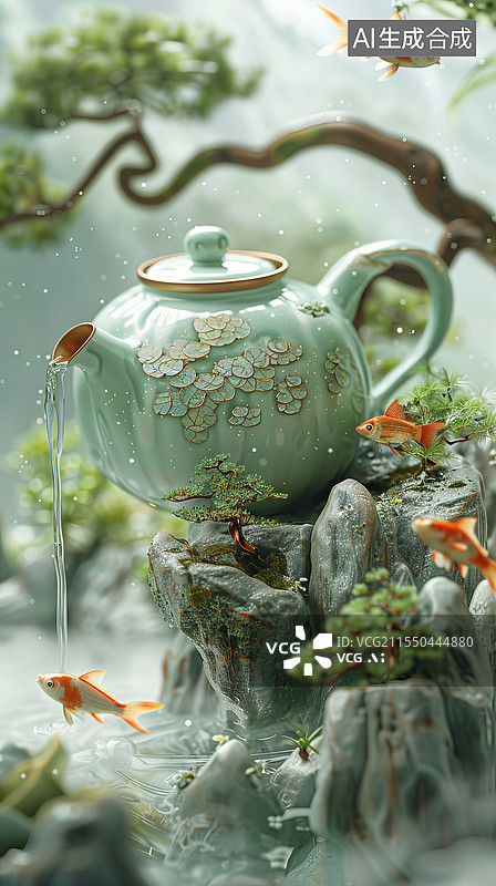 【AI数字艺术】中国风的山水盆栽模型图片素材