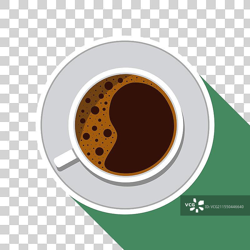 绿色背景上带有长阴影的咖啡杯和碟子图片素材