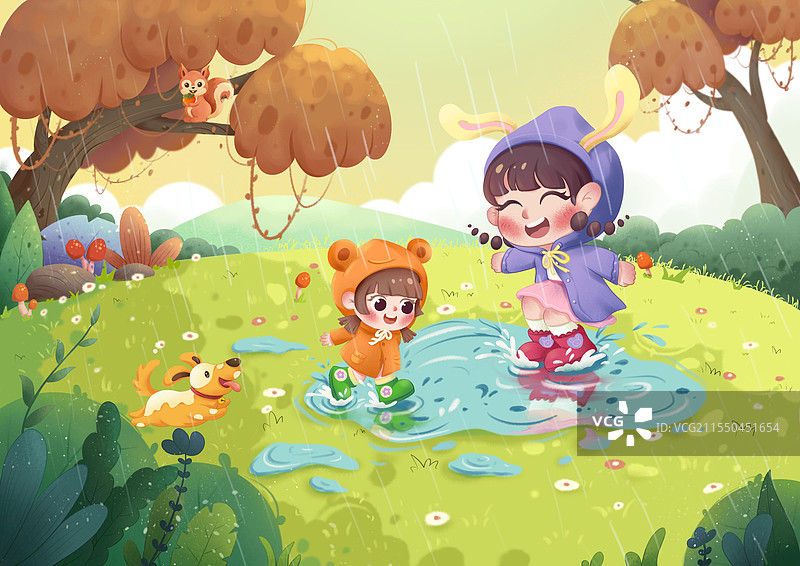 儿童绘本插画，姐妹俩全副武装在雨中欢快的踩水图片素材