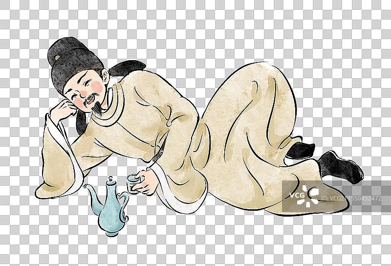 一个躺着喝酒的古人国风手绘插画元素图片素材