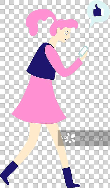 时尚的年轻女性正走着，头发是粉色的。图片素材