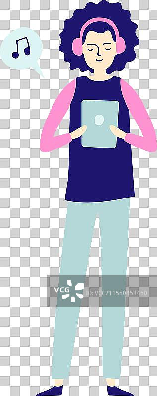 年轻女孩开心地在平板电脑上听音乐图片素材