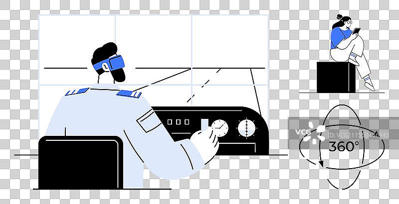 飞行员使用虚拟现实进行飞行模拟，同时有其他人在旁边。图片素材