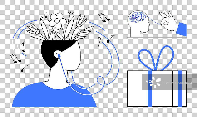 一个人听音乐，周围长满植物图片素材