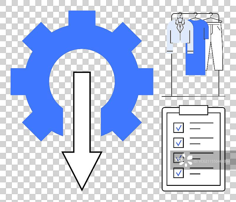 蓝色齿轮与向下箭头悬挂衣物图片素材