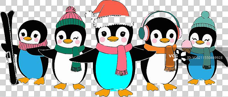 五只穿着冬季服装的卡通企鹅图片素材