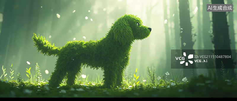 【AI数字艺术】绿色植物狗插画，森林中的自然与神秘生物图片素材
